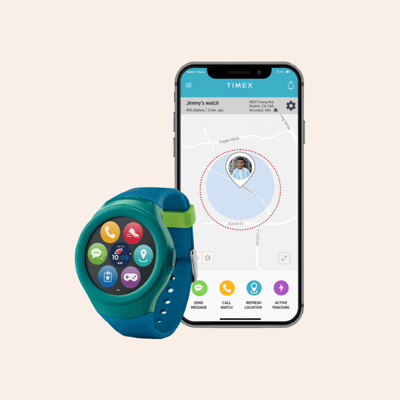 Side-by-side view of the Timex Family Connect smartwatch interface and the companion parent mobile app