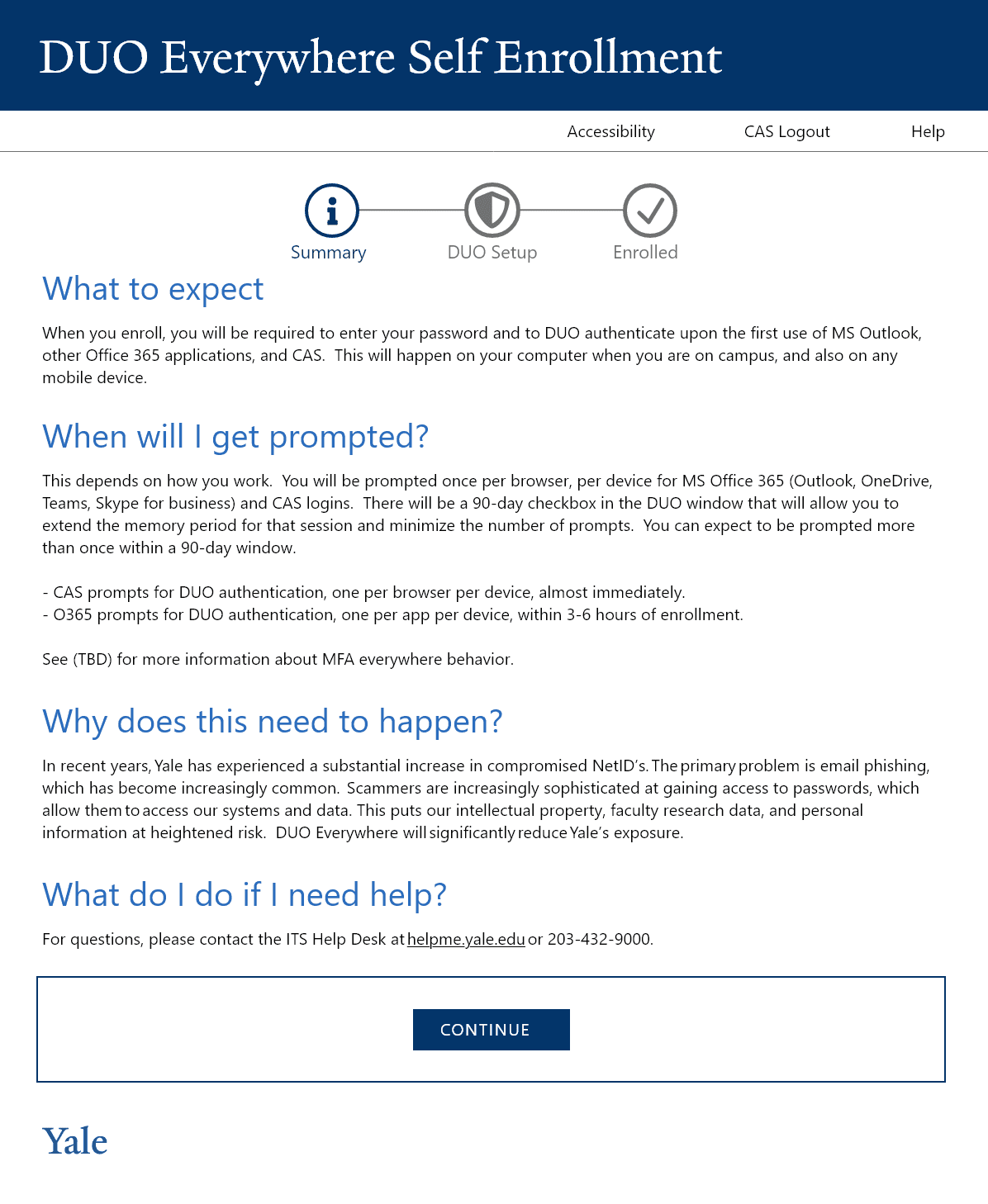 Screenshot of the Yale DUO self-enrollment interface showing the step-by-step opt-in flow