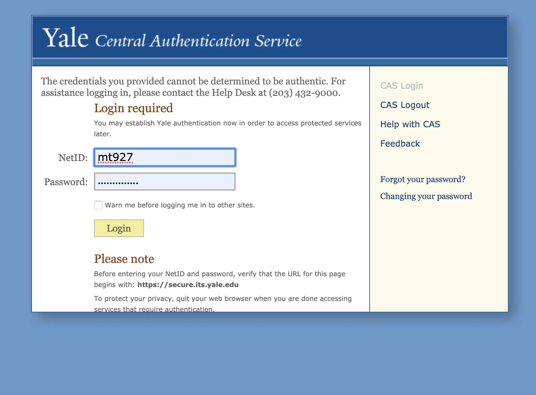 Screenshot of the original Yale CAS error state showing unclear error messaging