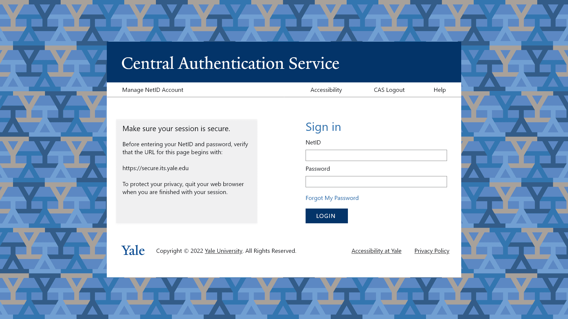 Screenshot of the original Yale CAS login page before the redesign