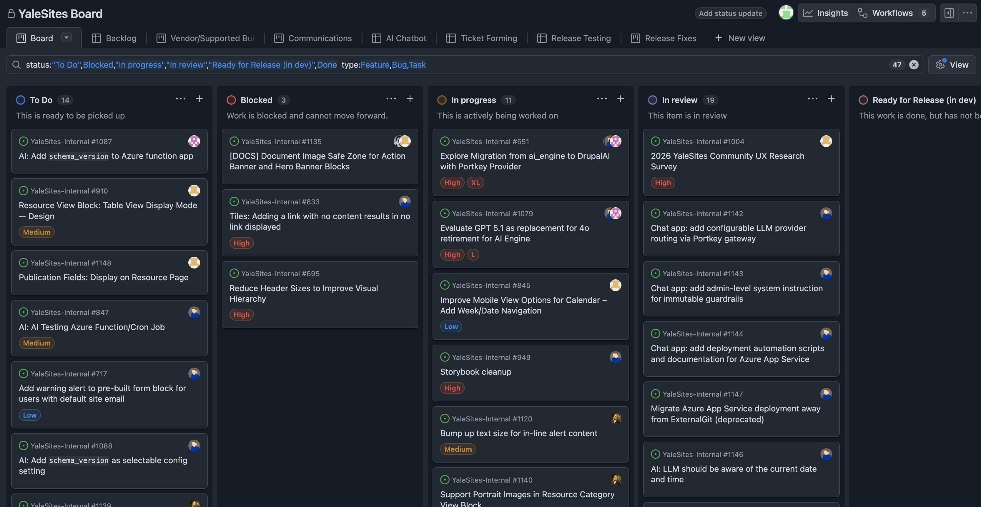 YaleSites project board showing GitHub issues tracked across kanban columns: To Do, Blocked, In Progress, In Review, and Ready for Release