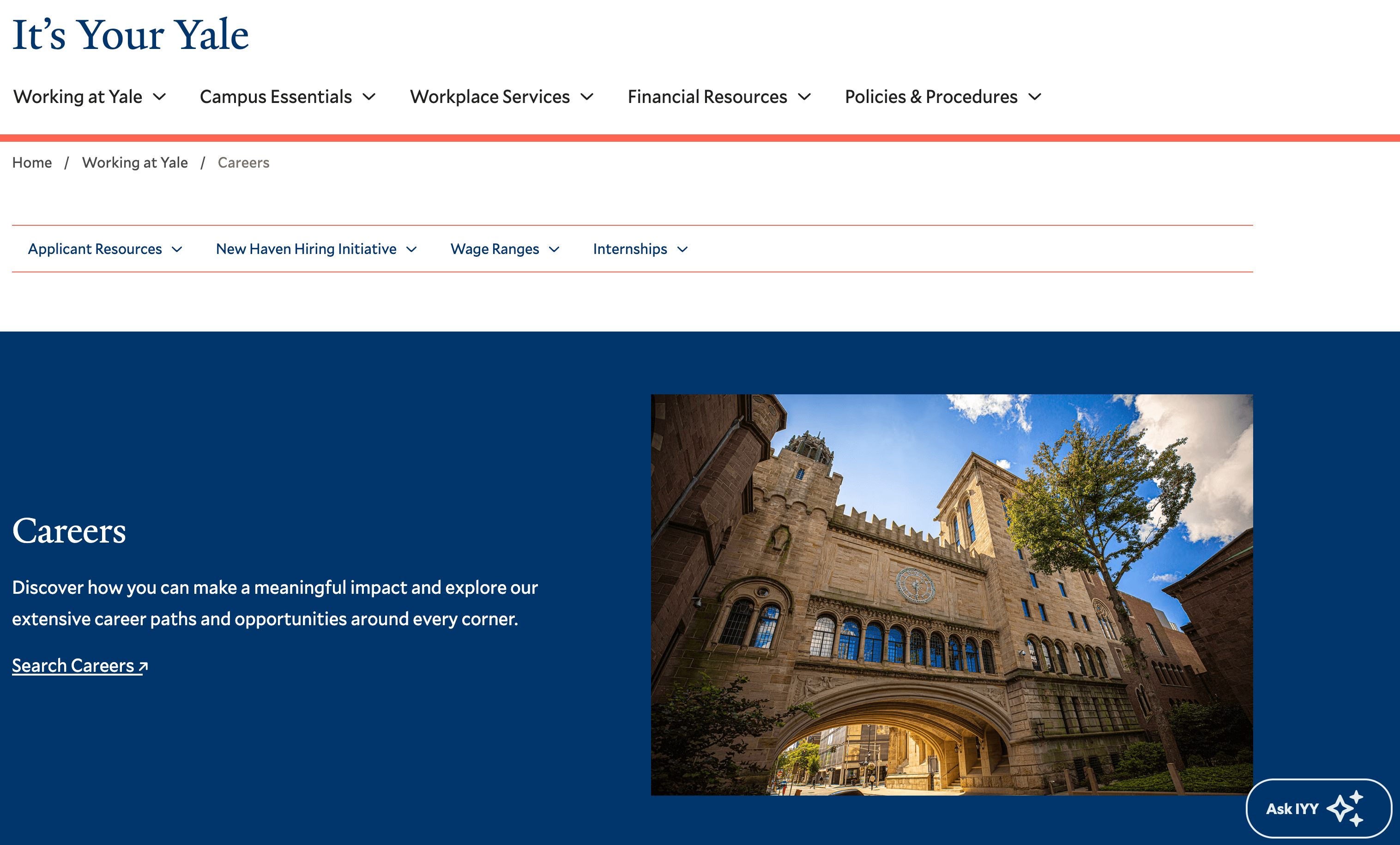 Screenshot of the It's Your Yale website showing the Content Collections navigation and new multi-column section layouts