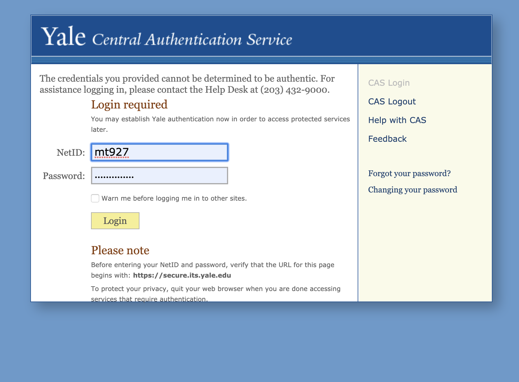 Example of the old SSO login screen